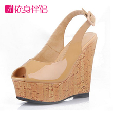 2013 spring wedges cowhide brief women’s shoes japanned leather ultra high shoes summer sandals