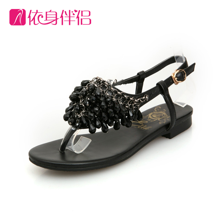 Bohemia metal beaded female flats rhinestone flat sandals flip flop female shoes