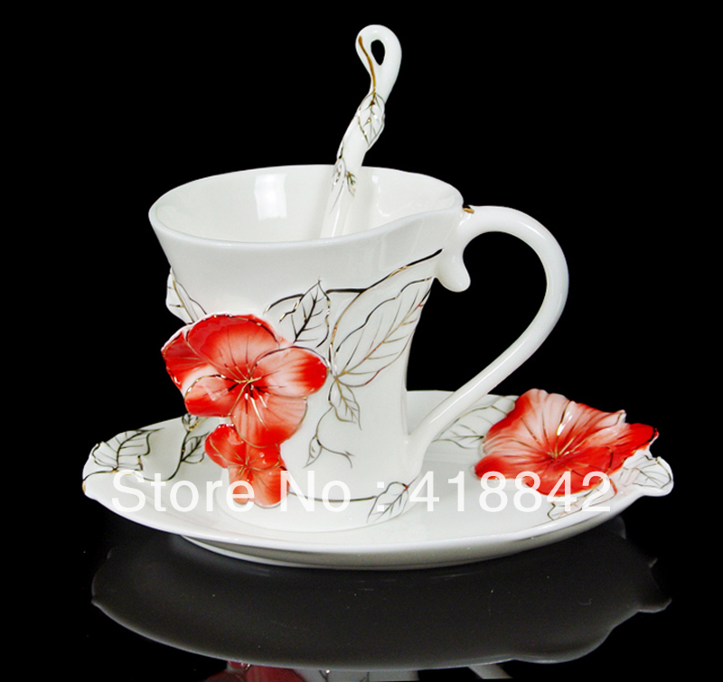 Porcelain Stunning Red Pansy Flower Coffee Set Cup Sauce Dish Spoon Holiday Gift
