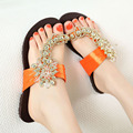 New Fashion summer 4colors gem resplendence jumper beaded satin flip sandals female toe-covering flat Rome slippers