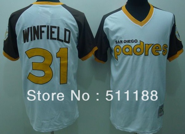 San Diego Padres #31 Dave WINFIELD White Color with Brown sleeves M&N Throwback Cooperstown Baseball Jerseys.Size M-3XL(China (Mainland))
