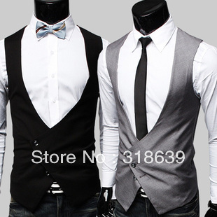 Free Shipping Korean Fashion Men's Suit Vest Top luxury fit slim button black ,gray M,L,XL business Vest(China (Mainland))