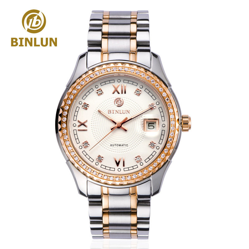 Brand New Automatic Mechanical 18K Gold Plated Men Watch Sandwich Diamonds Bezel White Dial Date Display Gent Watches Waterproof(China (Mainland))