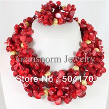 Fabulous Handmade Red Coral Beads Jewelry Set Charms 2 Rows Cluster Coral Beaded Necklace Set Free