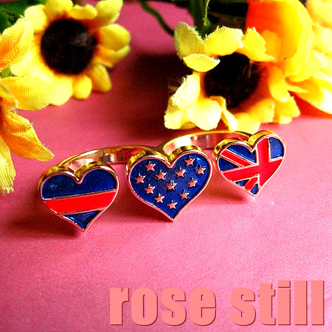 Alloy gold plated pearlescent paint heart torx flag star Stripes ring surface double finger lock ring finger ring j(China (Mainland))