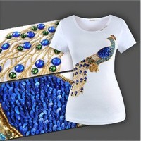 Embroidery Peacock Hammer Bead Set Auger Sequined Women's Short Sleeve Cotton T-shirt Size S-XXXL Free Shipping DWJ01