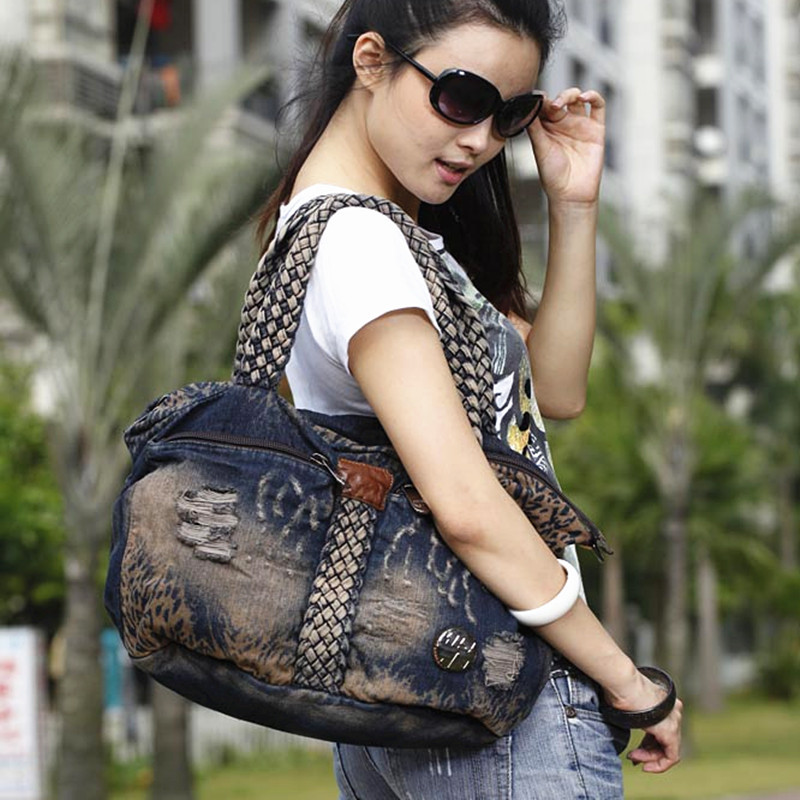Black eyes denim bag 2013 leopard print cloth hole vintage shoulder bag messenger bag(China (Mainland))
