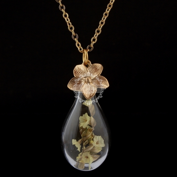 22inch vintage matte gold ochid charm dry lovers flower drop glass vial wish bottle pendant necklace