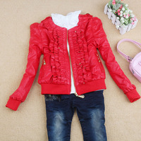 2013 spring female child ruffle jacket leather clothing short jacket