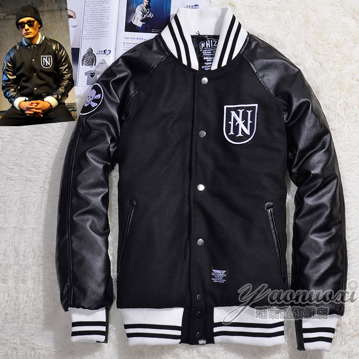 Nhiz n skull woolen leather male baseball uniform nbhd jacket outerwear male(China (Mainland))