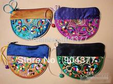 Novelty Coin Purses Zip Chinese Silk Embroidered Semicircle Small Gift Bags 50pcs/lot mix color Free