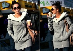 2013 Free Shipping Korea Women Hoodies Jacket Coat Warm Zip Up Outerwear Sweatshirts Black Gray 2 Colors(China (Mainland))
