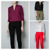 2013 Free shipping Spring&Summer ZA Europe & America ladies cotton shirt long sleeve chiffon self-Bluse, Sexy,Fashion Cardigan