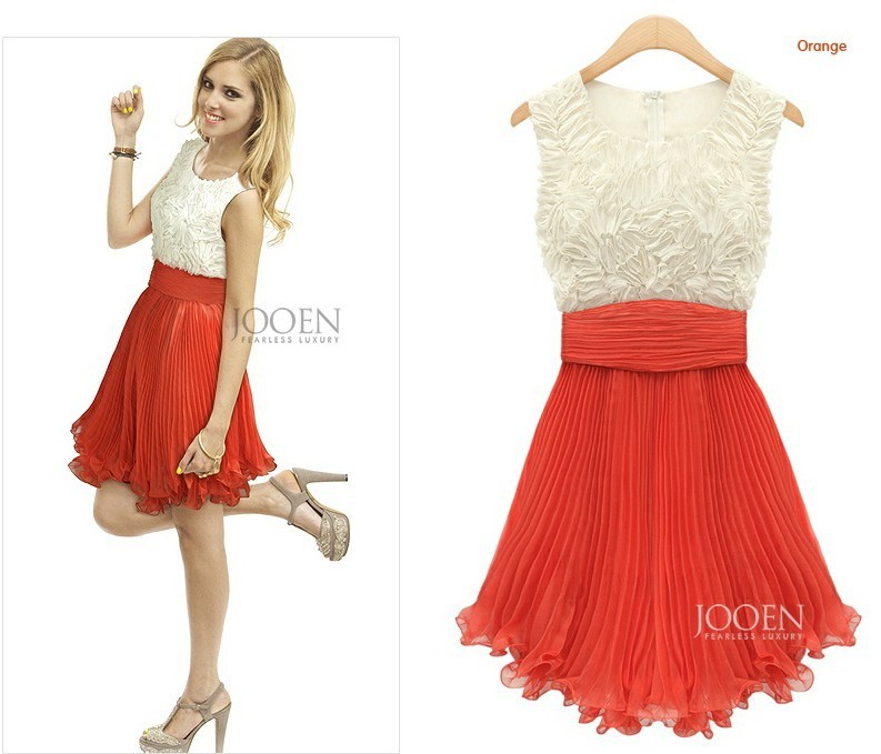 Women's White+Red Patchwork Knee-Length Dresses Sleeveless Casual ...