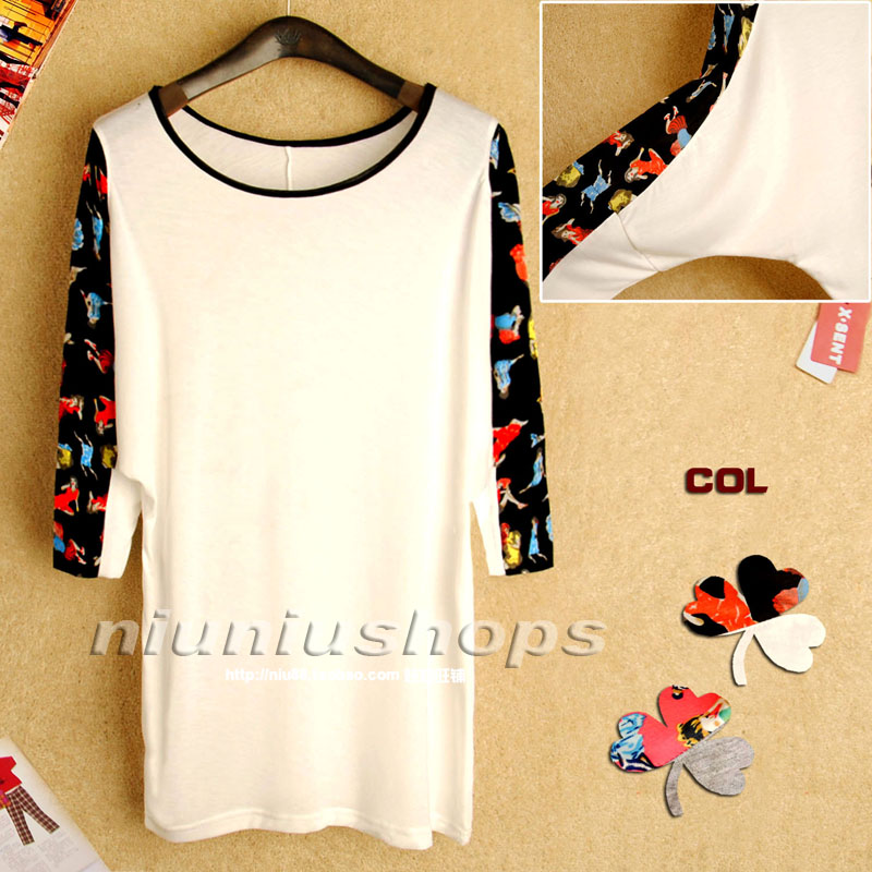 Free Shipping, 2013 spring fashion chiffon sleeve lilliputian print half sleeve loose slim hip t-shirt basic shirt(China (Mainland))