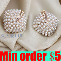 (Min order $5,can mix) Imitation Pearl Stud Earrings Rice Beads Letters Earrings OL Style Free Shipping(China (Mainland))
