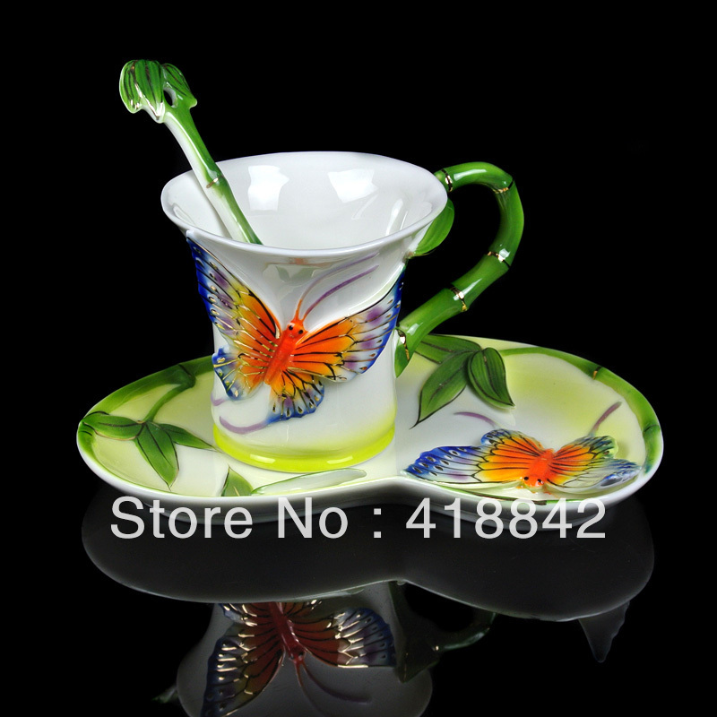 Porcelain Butterfly Bamboo Coffee set 1Cup 1Saucer 1Spoon Weddings gift Holiday Gift