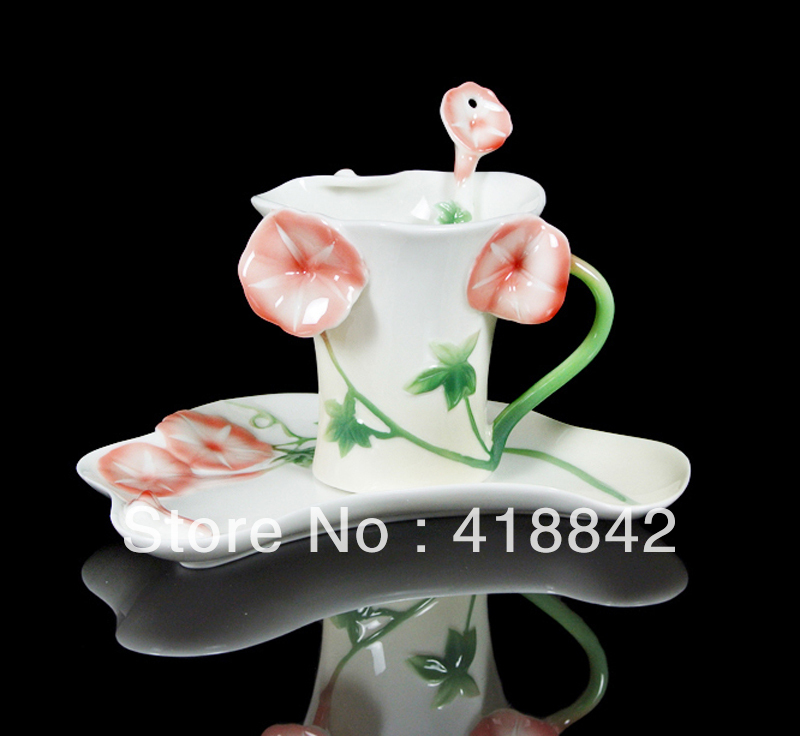 Porcelain Colorful Red Morning Glory Coffee Set 1Cup 1Saucer 1Spoon