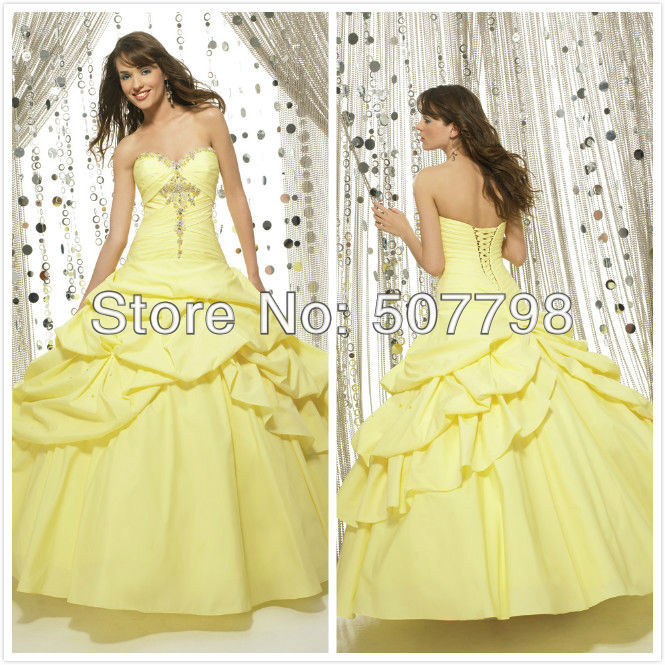 strapless cream yellow taffeta full length formal ball gown quinceanera dress