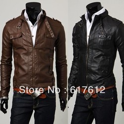 2013 Free shipping Classic Men's PU Leather Jacket Coat Double Pocket popular motorbike jacket Coat 2Colors Black Brown XXL(China (Mainland))