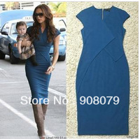 High Quality Victoria Style, Blue Stretch Cotton Pencil Celebrity Style Summer Dress,Free Shipping !
