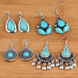 4 pairs teardrop Tibet silver blue howlite turquoise bead dangle earrings fashion jewelry set(China (Mainland))