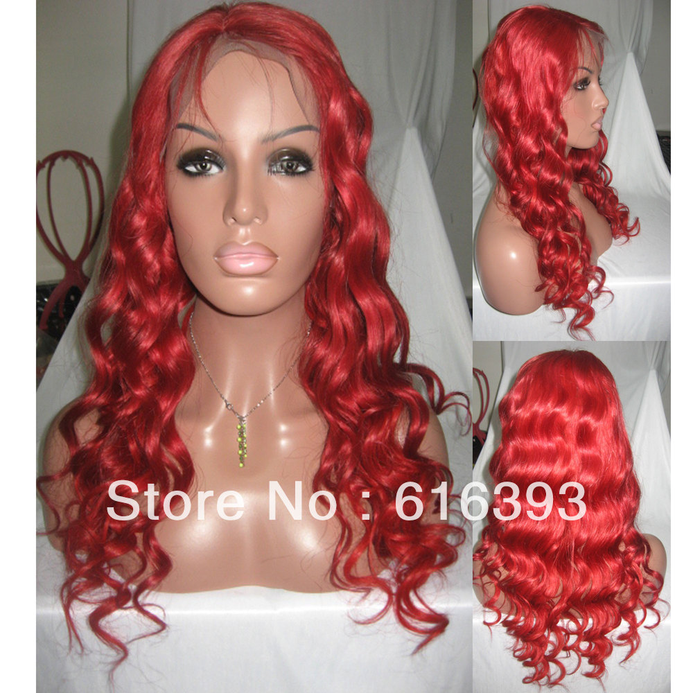 Free Shipping Rihanna Style Wigs:22" Red Color Rihanna Wave Curl AAAAA Cambodian Virgin Hair Full Lace Wigs--Red Wig(China (Mainland))