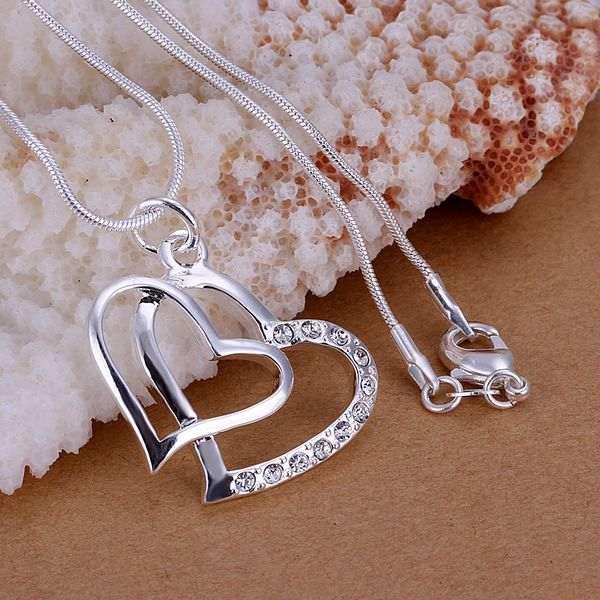 P091 fashion jewelry chains necklace 925 silver pendant Inlay Double Heart Pendant Men Women Chains