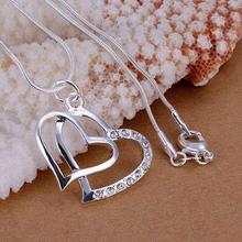 P091 fashion jewelry chains necklace 925 silver pendant Inlay Double Heart Pendant