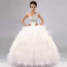 Oblique one shoulder train lace princess diamond feather wedding dress slim wedding dress