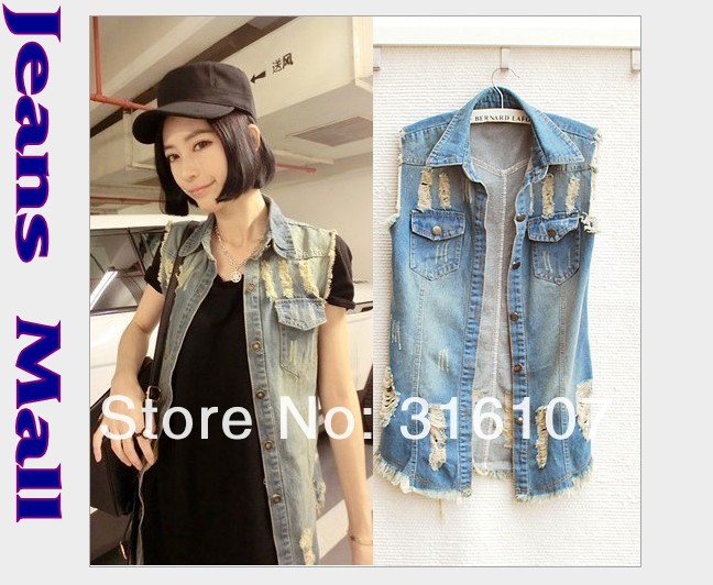 Wholesale 10pcs New Fashion Sleeveless Hole denim vest Water wash Denim jacket vest high quality women denim vest coat by DHL(China (Mainland))