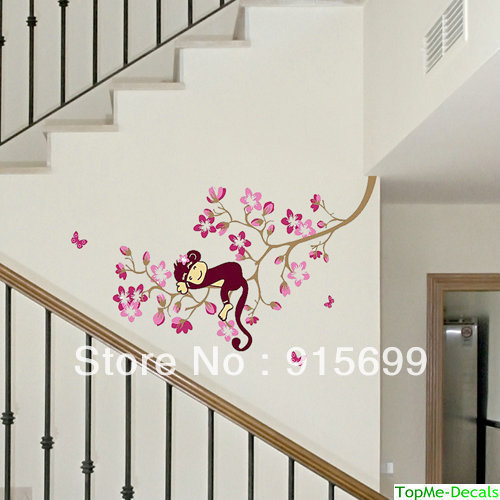Pink Monkey Blossom Wall Stickers art Mural Children Wallpaper Kids Girl Nursery(China (Mainland))