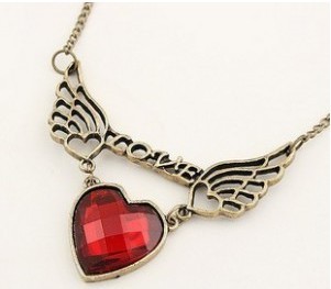 Free Shipping Wholesale Fashion Jewelry Retro angel wings lucky cupid Love Red Heart Gem Necklaces Pendants