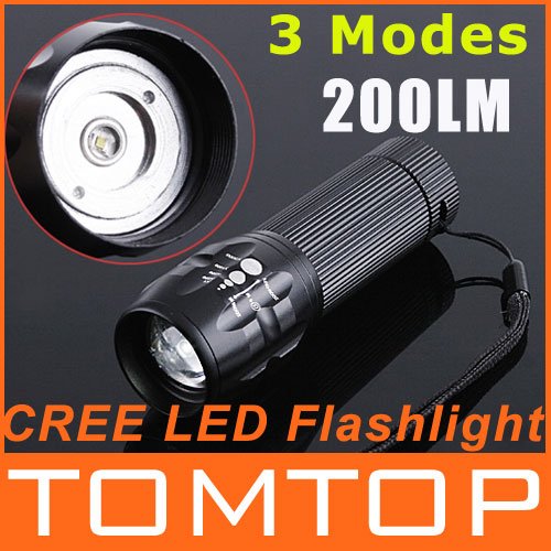 3 Modes LED Flashlight Torch Zoomable 200 Lumen CREE LED flashlights waterproof 4 color choice drop shipping free shipping(China (Mainland))