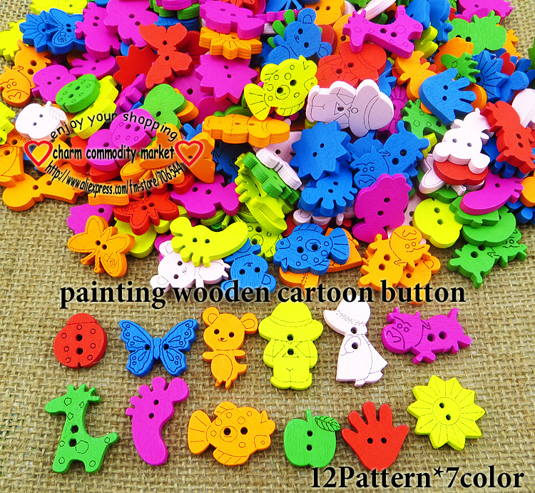 100pcs 12pattern 7color SINGLE OR MIXED WOODEN CARTOONS BUTTONS CLOTHING ACCESSORY CHARMS JEWELRY WCB 078