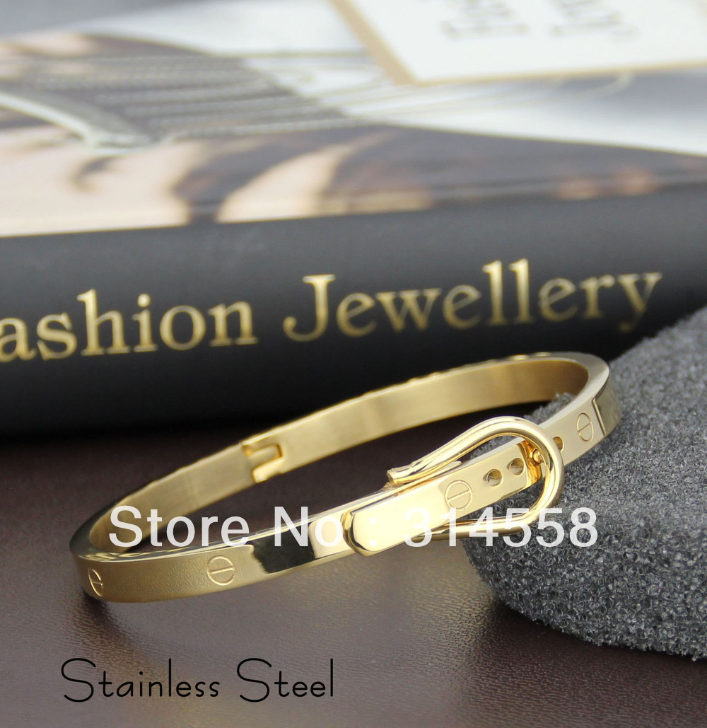 High Fashion 18K Gold 316L Stainless Steel Belt Buckle Bangle Bracelet with Nails Pattern For Women, Stainless Steel Bangle(China (Mainland))