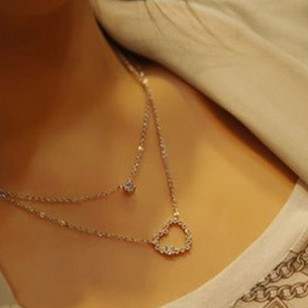 2014 Korean Jewelry Ladies Double Shiny Heart shaped Drill elegant double layer short heart necklaces pendants