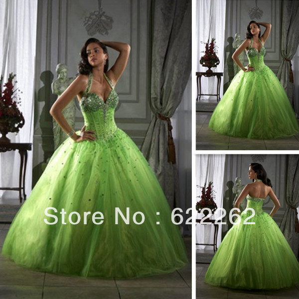 Custromized Halter Sweetheart Rhinestones Beading And Sequin Organza Ball Gown Floor Length Lime Green Prom Quinceanera