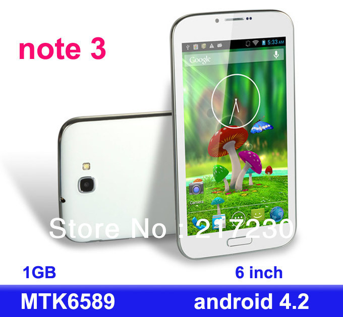 Note 3 N7100+ 6'' Screen M Pai SmartPhone MTK6589 Quad Core 1GB RAM 4GB WiFi 3G GPS Dual Camera Front 5MP/Real 8MP samrphone(China (Mainland))