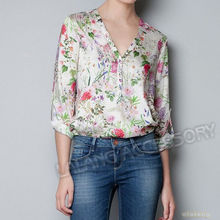 Promotion 1pcs Fashion Summer Lady Flower Printed Simple V-Neck Long Sleeves Loose Chiffon T-Shirt Tops Blouse S/M/L 651662(China (Mainland))