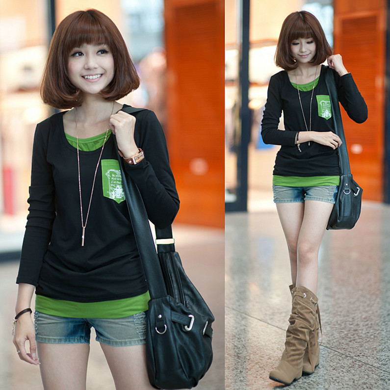 TX218 # women's spring 2012 new fake two-piece printed patch round neck cotton long-sleeved T-shirt(China (Mainland))