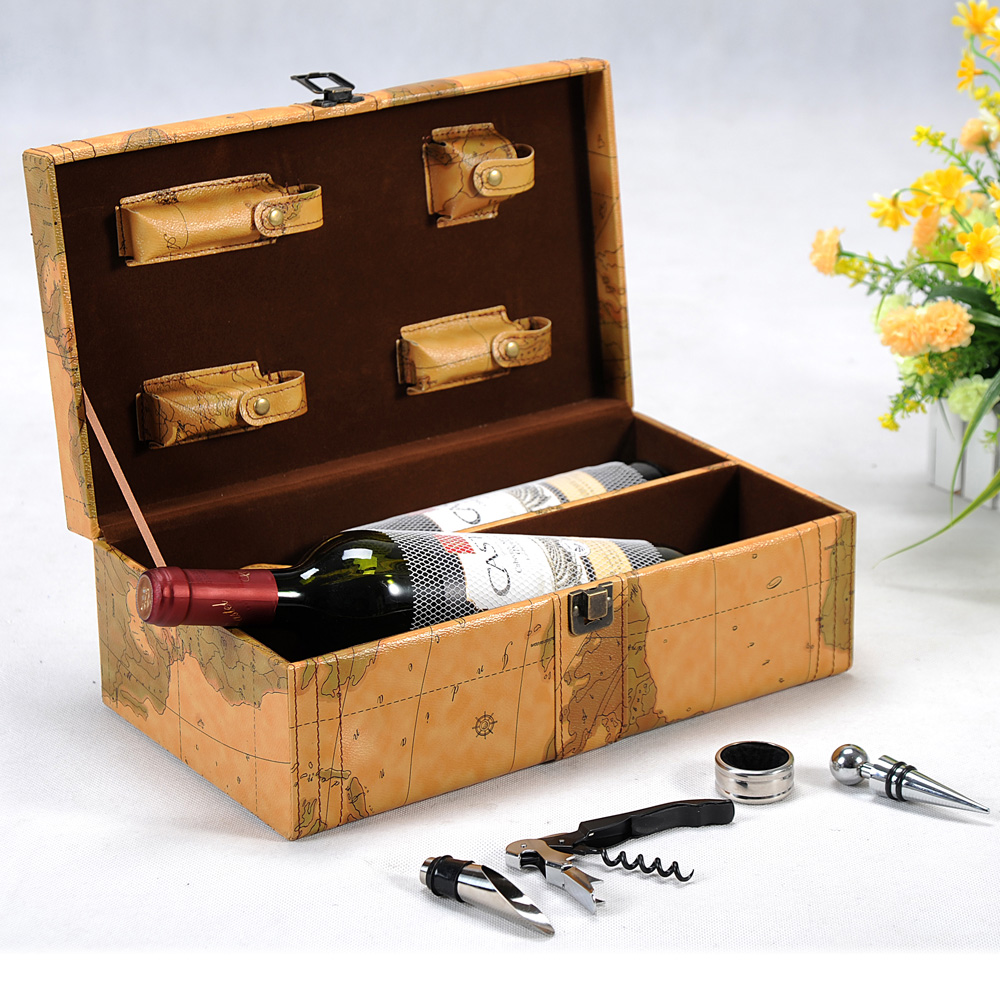 newest gift double wine box leather red wine map packaging box