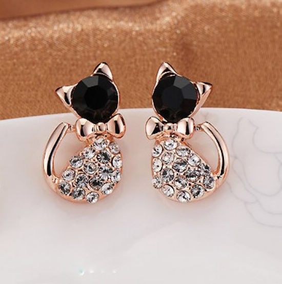 2015 New Fashion Cute Lovely Gold Plated Rhinestone CZ Diamond Cat Kitty Stud Earrings for Women