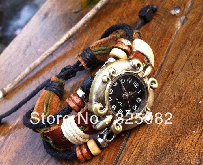 Handmade Hemp Brown Leather Watch Bracelet Vintage Womens Mens Wristband Jewelry