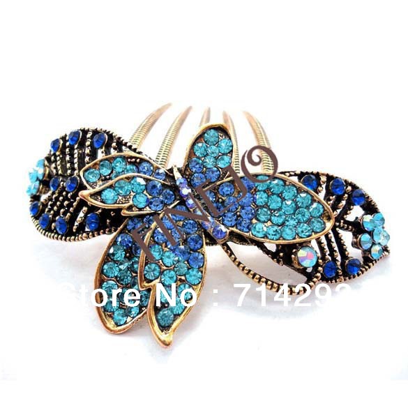 New Restore 11mm Antiqued Rhinestone Crystal Flower Hair Barrette Clip 3Colors free shipping 13588(China (Mainland))