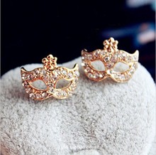 Min. order $15 (mix order) Free Shipping Fashion Retro Woman Golden  Bohemia Mask Inlaid Rhinestone Flower Earrings E93