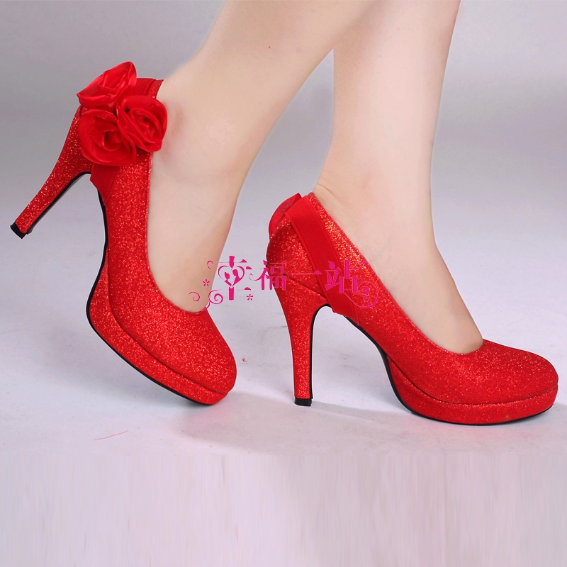 Wedding shoes red wedding shoes bridal shoes high heeled red shoes round toe high heeled platform