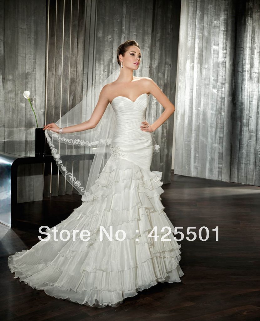 Most Beautiful Popular Fashionable Tiered Organza Sweetheart Bridal Wedding Dresses 2013 New Mermaid(China (Mainland))