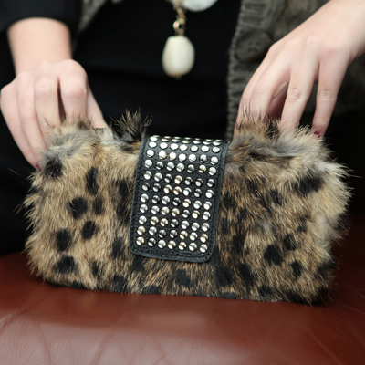 Lacque 2012 rabbit fur leopard print rivet day clutch cross-body clutch bag cosmetic bag female bags(China (Mainland))