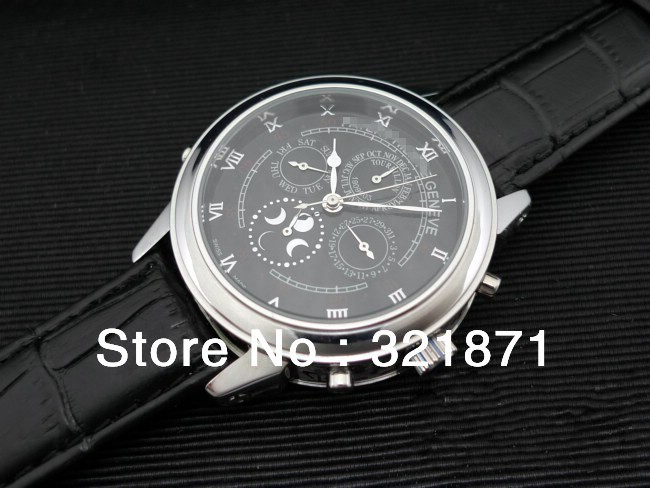 New Arrival Fashion Big Dial Arab Double Surface Automatci Machnical Movement Multi-function Astrology Sign Leather Men's Watch(China (Mainland))